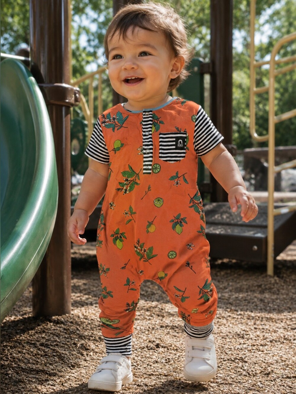 Toddler Orange Citrus-Print One-Piece with Striped Accents